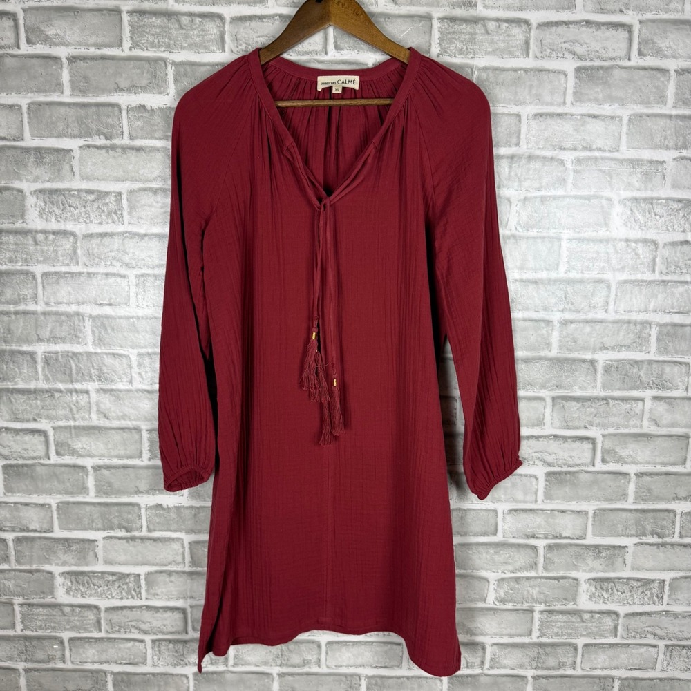 Johnny Was Calme Burgundy Cotton Gauze Tassel Tie Tunic Dress XS O30818-N